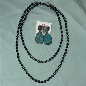 Long Turquoise and Silver necklace with Earrings